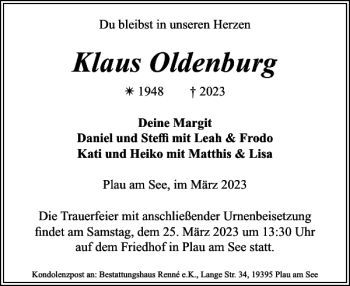 Traueranzeige von Klaus Oldenburg von Zeitung für Lübz - Goldberg - Plau