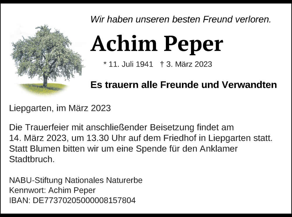  Traueranzeige für Achim Peper vom 10.03.2023 aus Haff-Zeitung