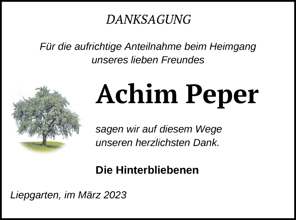  Traueranzeige für Achim Peper vom 31.03.2023 aus Haff-Zeitung
