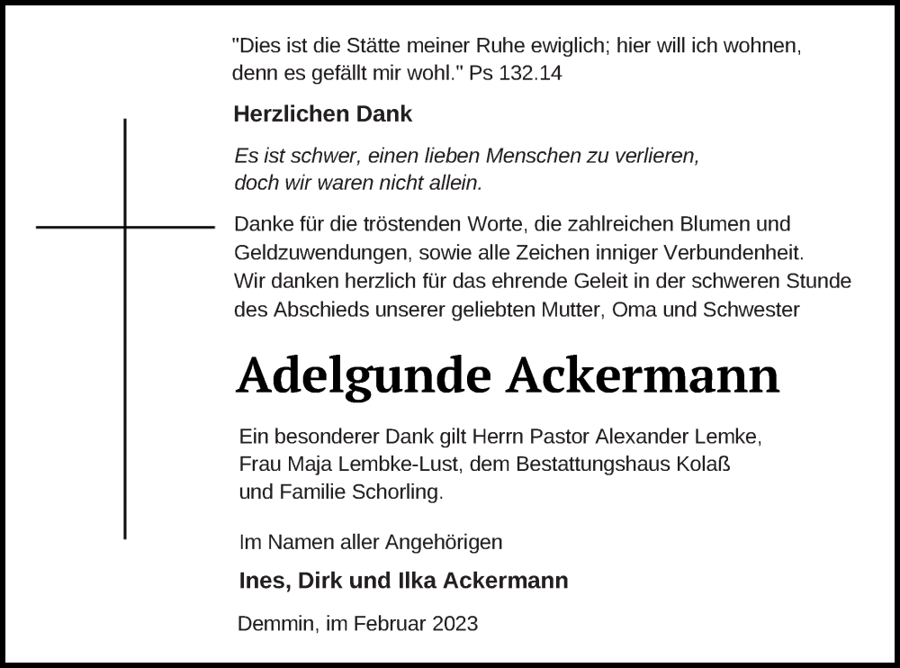  Traueranzeige für Adelgunde Ackermann vom 11.03.2023 aus Demminer Zeitung