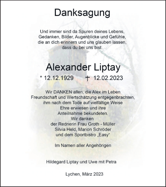 Traueranzeige von Alexander Liptay von Templiner Zeitung