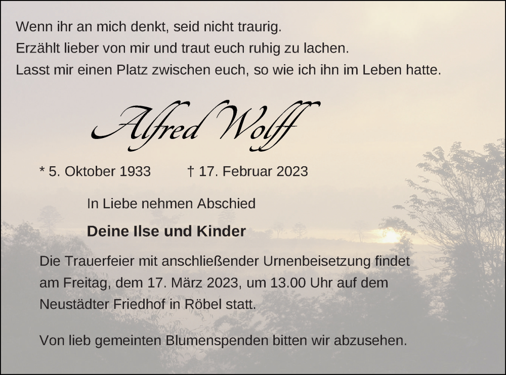  Traueranzeige für Alfred Wolff vom 04.03.2023 aus Müritz-Zeitung