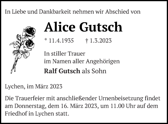 Traueranzeige von Alice Gutsch von Templiner Zeitung