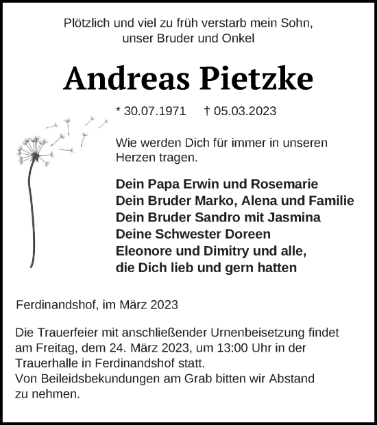 Traueranzeige von Andreas Pietzke von Haff-Zeitung