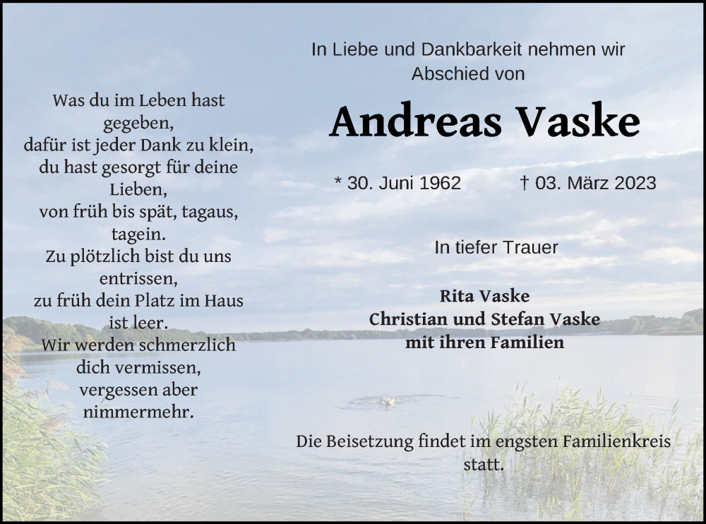  Traueranzeige für Andreas Vaske vom 11.03.2023 aus Müritz-Zeitung