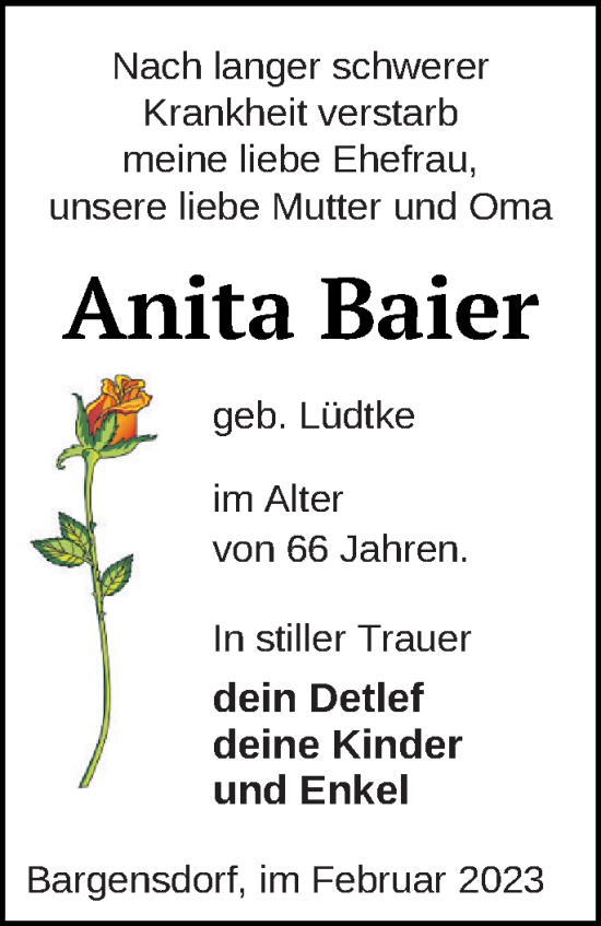 Traueranzeige von Anita Baier von Neubrandenburger Zeitung