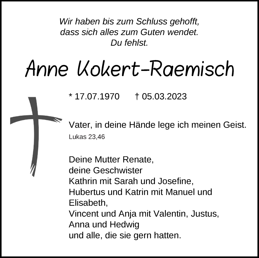  Traueranzeige für Anne Kokert-Raemisch vom 14.03.2023 aus Strelitzer Zeitung
