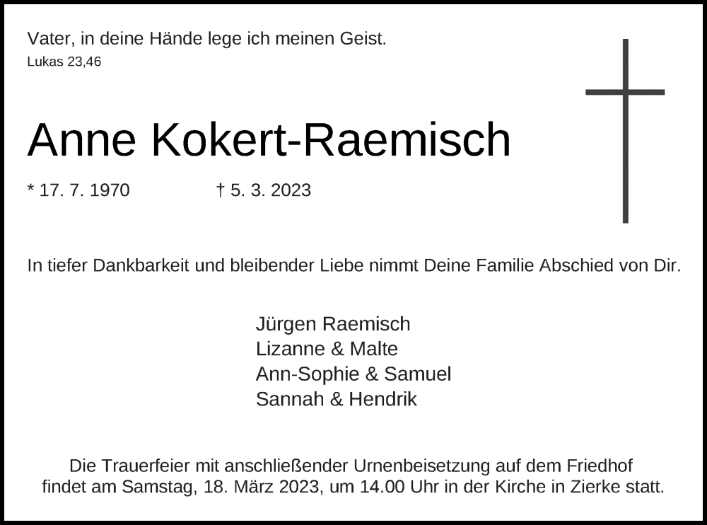  Traueranzeige für Anne Kokert-Raemisch vom 11.03.2023 aus Strelitzer Zeitung