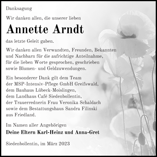 Traueranzeige von Annette Arndt von Neubrandenburger Zeitung