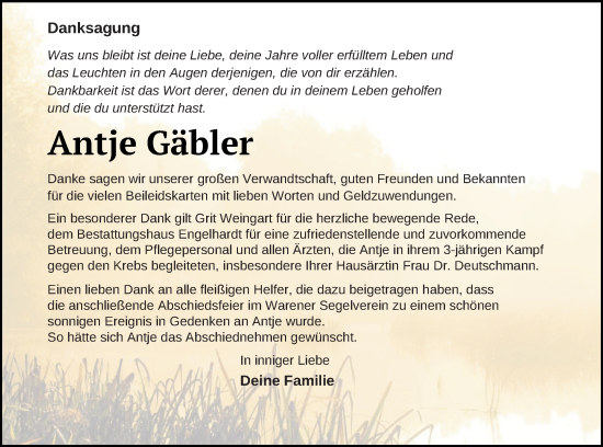 Traueranzeige von Antje Gäbler von Müritz-Zeitung