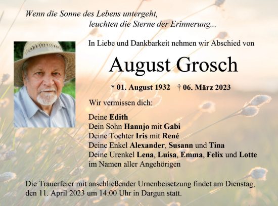 Traueranzeige von August Grosch von Mecklenburger Schweiz