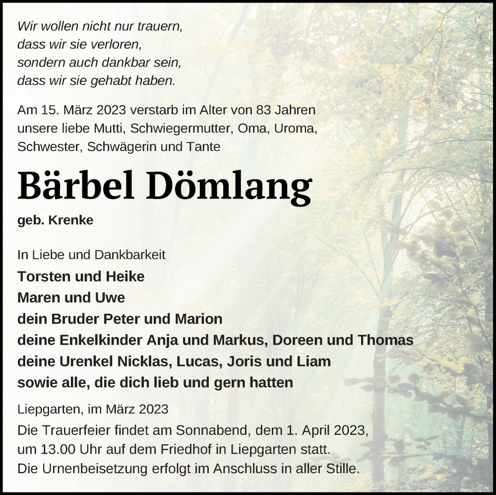  Traueranzeige für Bärbel Dömlang vom 18.03.2023 aus Haff-Zeitung