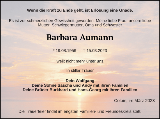 Traueranzeige von Barbara Aumann von Strelitzer Zeitung