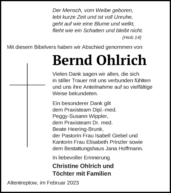 Traueranzeige von Bernd Ohlrich von Neubrandenburger Zeitung