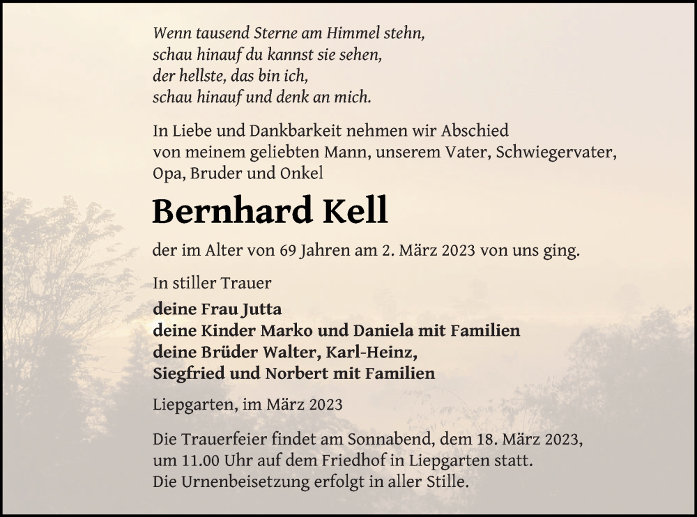  Traueranzeige für Bernhard Kell vom 10.03.2023 aus Haff-Zeitung