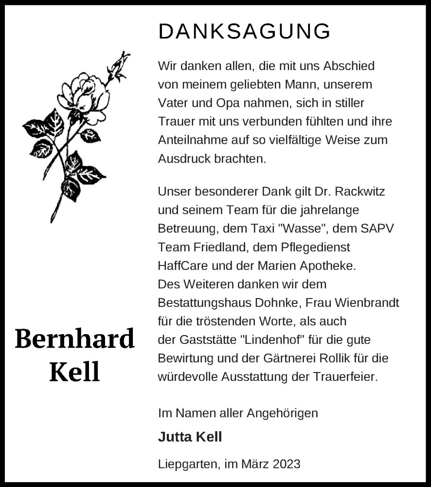  Traueranzeige für Bernhard Kell vom 31.03.2023 aus Haff-Zeitung