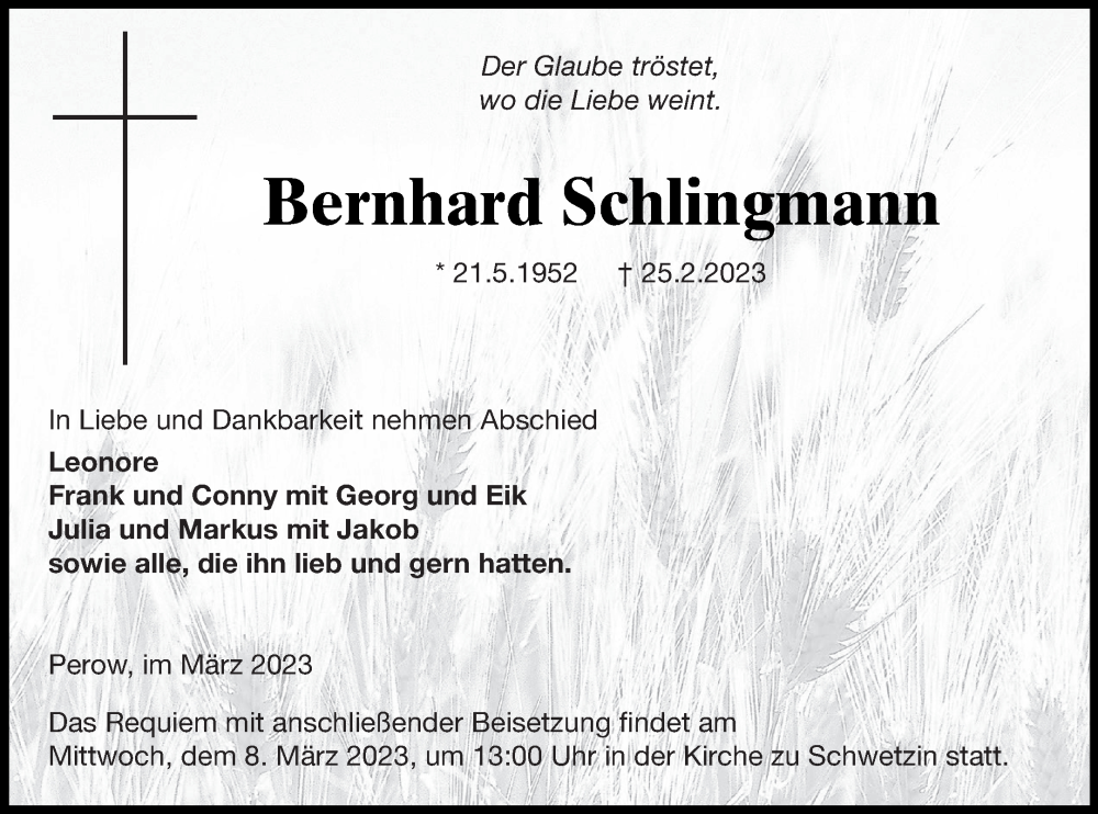  Traueranzeige für Bernhard Schlingmann vom 03.03.2023 aus Mecklenburger Schweiz