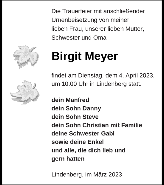 Traueranzeige von Birgit Meyer von Demminer Zeitung