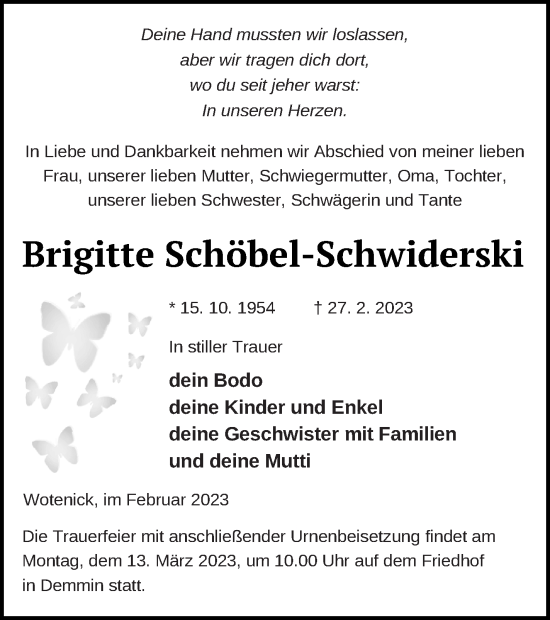 Traueranzeige von Brigitte Schöbel-Schwiderski von Demminer Zeitung