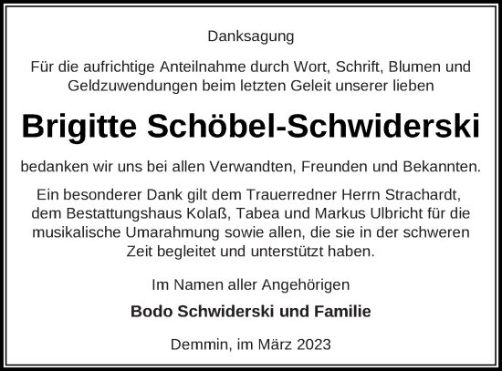 Traueranzeige von Brigitte Schöbel-Schwiderski von Demminer Zeitung