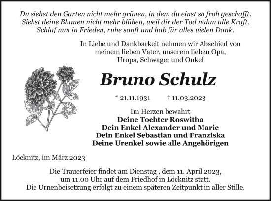 Traueranzeige von Bruno Schulz von Pasewalker Zeitung