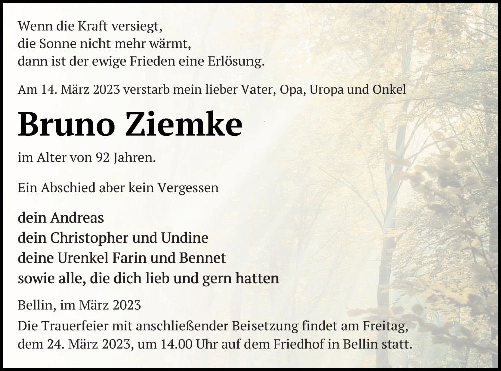  Traueranzeige für Bruno Ziemke vom 18.03.2023 aus Haff-Zeitung