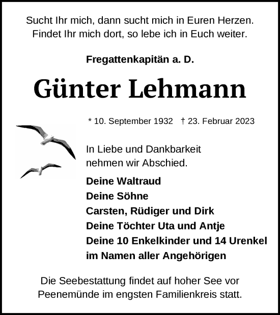 Traueranzeige von Günter Lehmann von Vorpommern Kurier