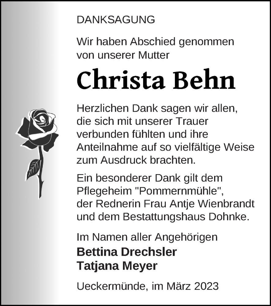 Traueranzeige für Christa Behn vom 11.03.2023 aus Haff-Zeitung