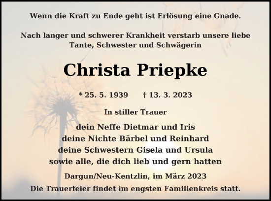 Traueranzeige von Christa Priepke von Demminer Zeitung