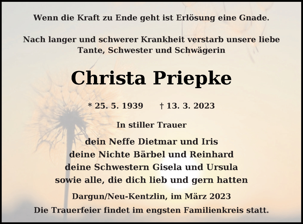 Traueranzeige für Christa Priepke vom 17.03.2023 aus Demminer Zeitung