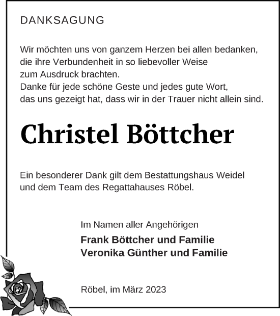 Traueranzeige von Christel Böttcher von Müritz-Zeitung