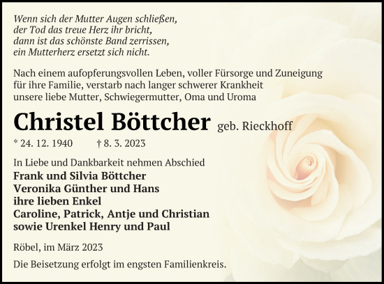 Traueranzeige von Christel Böttcher von Müritz-Zeitung