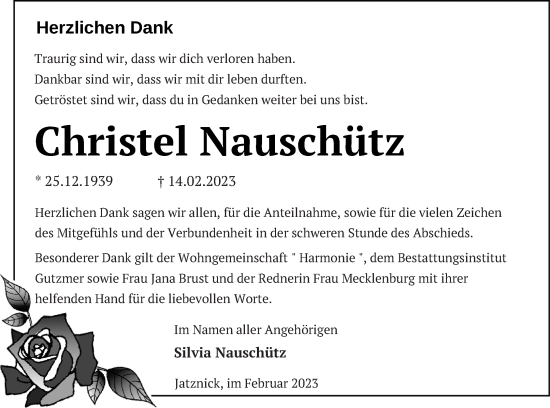 Traueranzeige von Christel Nauschütz von Pasewalker Zeitung