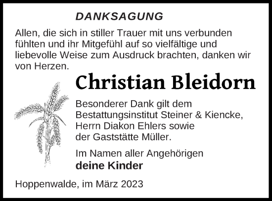 Traueranzeige von Christian Bleidorn von Haff-Zeitung