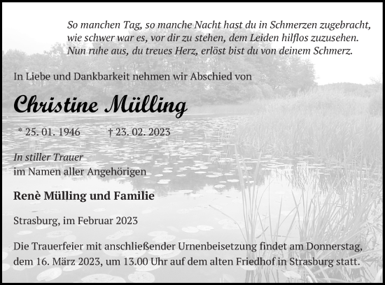 Traueranzeige von Christine Mülling von Pasewalker Zeitung