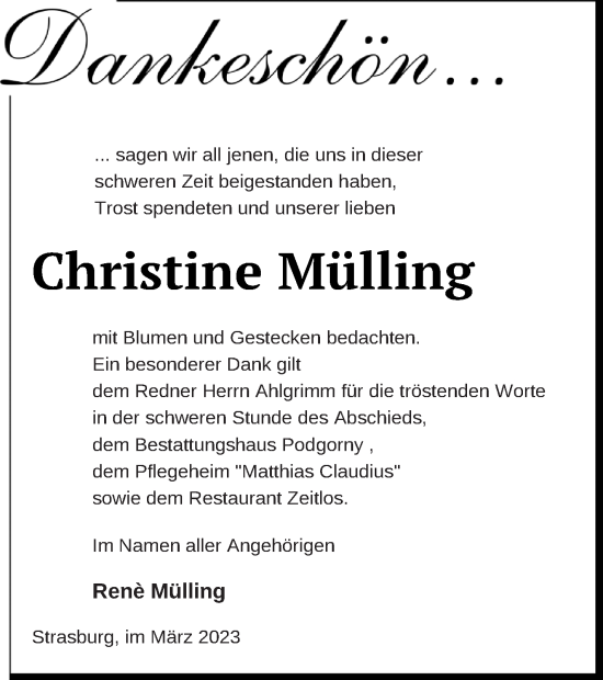 Traueranzeige von Christine Mülling von Pasewalker Zeitung