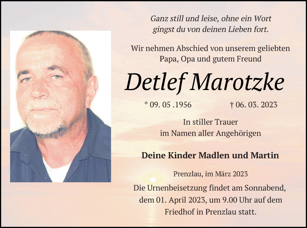  Traueranzeige für Detlef Marotzke vom 18.03.2023 aus Prenzlauer Zeitung