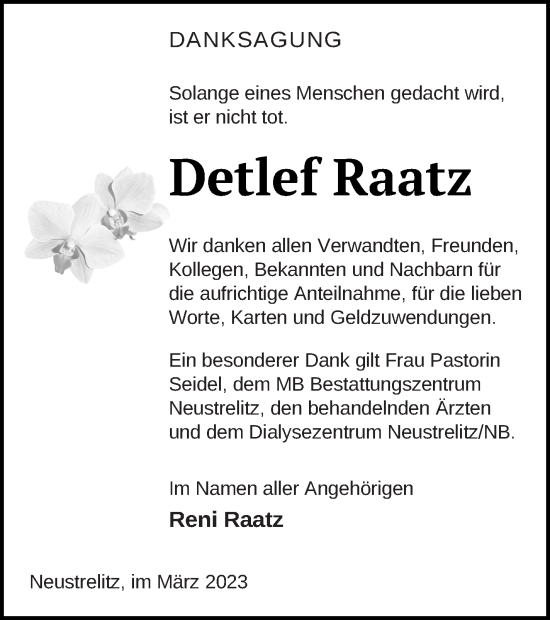 Traueranzeige von Detlef Raatz von Strelitzer Zeitung