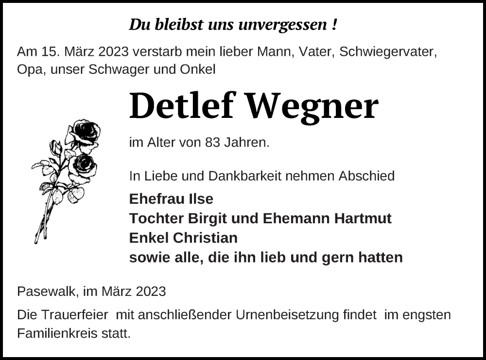  Traueranzeige für Detlef Wegner vom 18.03.2023 aus Pasewalker Zeitung