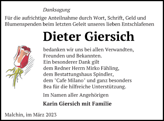 Traueranzeige von Dieter Giersich von Mecklenburger Schweiz