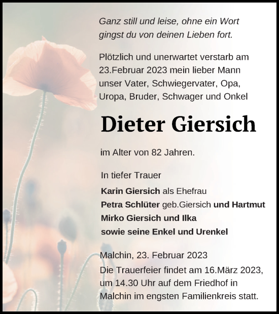 Traueranzeige von Dieter Giersich von Mecklenburger Schweiz