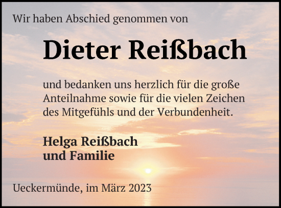Traueranzeige von Dieter Reißbach von Haff-Zeitung