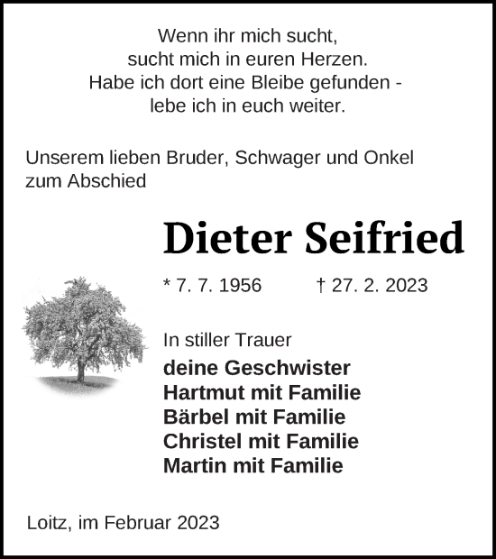 Traueranzeige von Dieter Seifried von Vorpommern Kurier