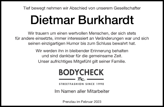 Traueranzeige von Dietmar Burkhardt von Prenzlauer Zeitung