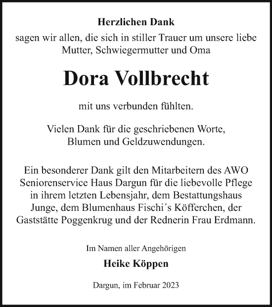 Traueranzeige von Dora Vollbrecht von Mecklenburger Schweiz