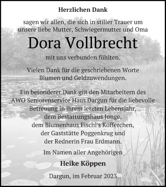 Traueranzeige von Dora Vollbrecht von Mecklenburger Schweiz