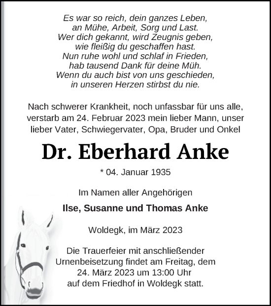 Traueranzeige von Eberhard Anke von Strelitzer Zeitung