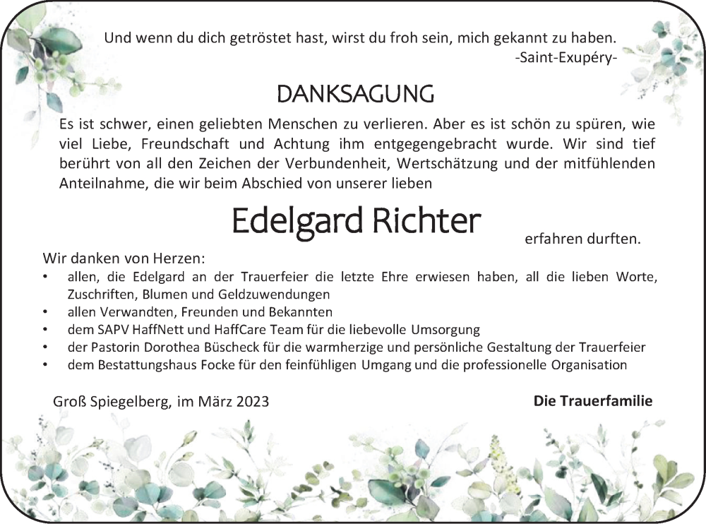  Traueranzeige für Edelgard Richter vom 11.03.2023 aus Pasewalker Zeitung