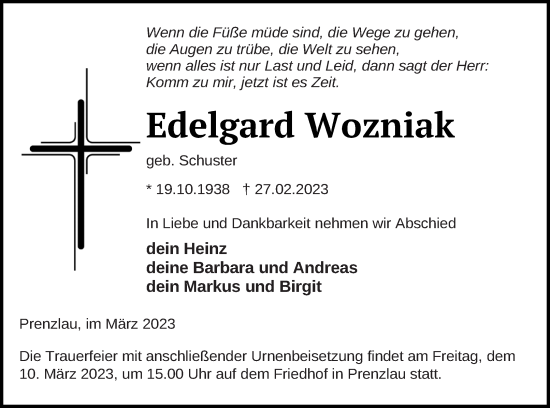 Traueranzeige von Edelgard Wozniak von Prenzlauer Zeitung