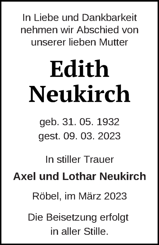 Traueranzeige von Edith Neukirch von Müritz-Zeitung